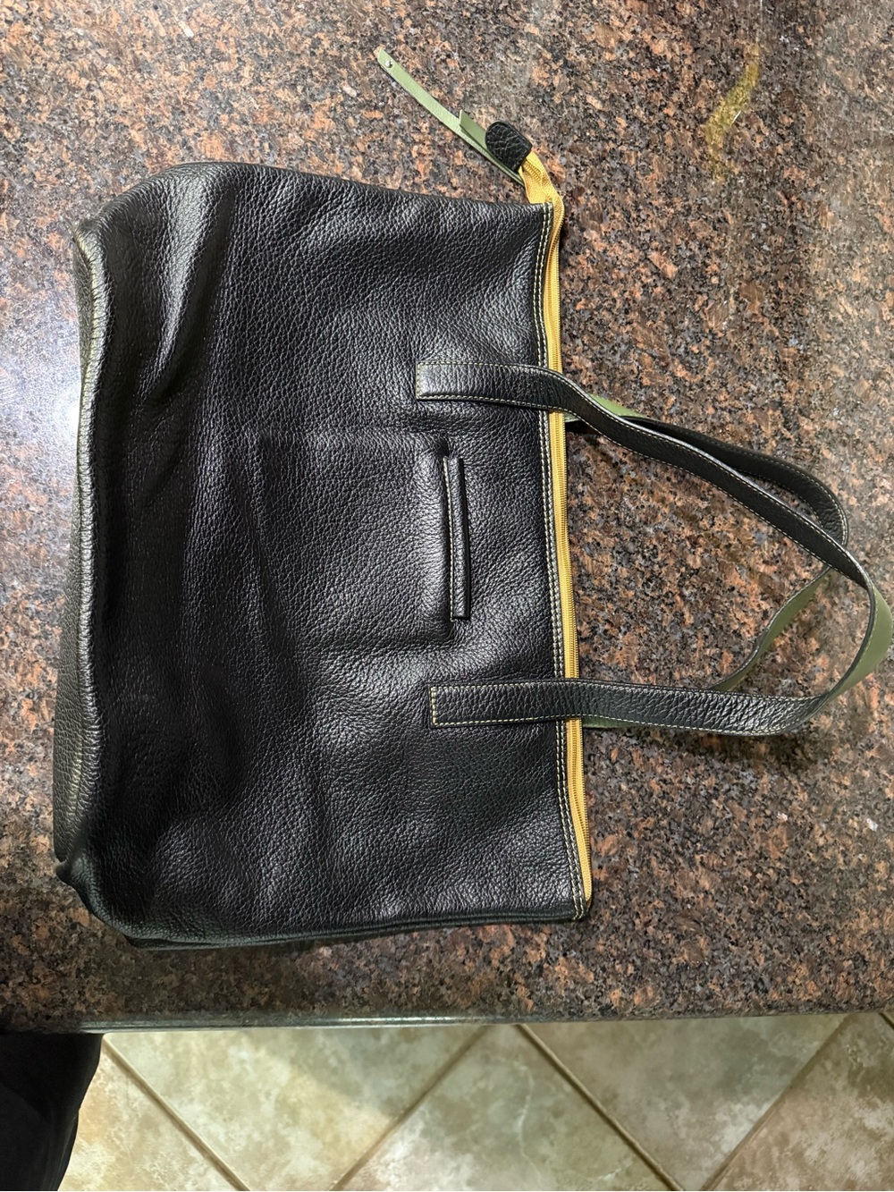 Black Leather Tote Bag with Yellow Trim